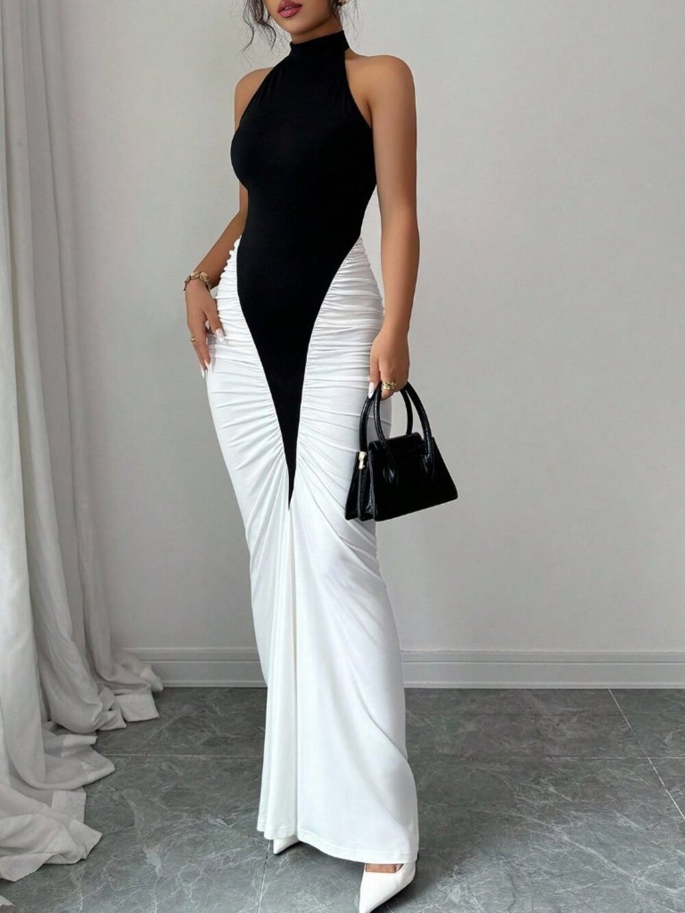 Black and White Color Block Women's Elegant Halter Midi Dress - Picture 5 of 8